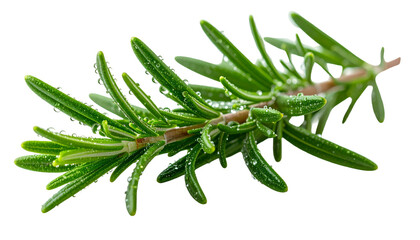 Close-up of a fresh green herb sprig, covered with tiny water droplets, on a black background