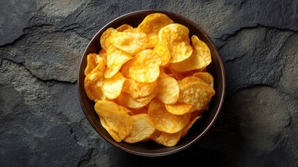 Crispy golden potato chips in a bowl on a rustic stone background.