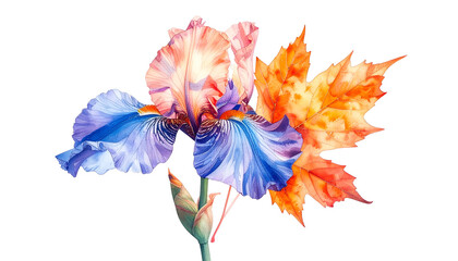 Watercolor painting of a vibrant iris flower paired with a colorful autumn maple leaf