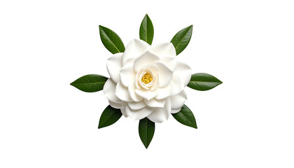 A pristine white flower with a yellow center, surrounded by symmetrical green leaves, black backdrop