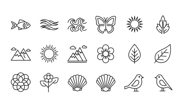 Black and white nature icon set with fish waves butterfly sun mountains flower leaf shell and bird isolated on white background