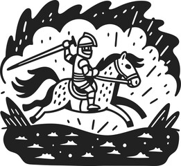 Fototapeta premium Knight in armor charging on horse with raised sword in forest clearing, medieval warrior in battle stance