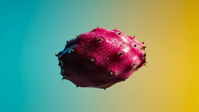 Prickly Pear Fruit Rotating With Water Droplets on Gradient Background