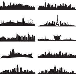 city skylines from around the world in black silhouette on white background