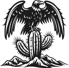 Obraz premium Eagle perched on cactus in desert landscape with mountains, sharp spines, and bold black and white design