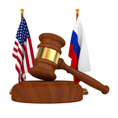 Judge gavel, American and Russian flag on white background. Isolated 3D illustration