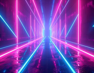 Futuristic corridor with neon lights, geometric pattern