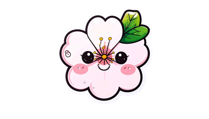 Whimsical cartoon cherry blossom with large eyes, blush, and a happy expression