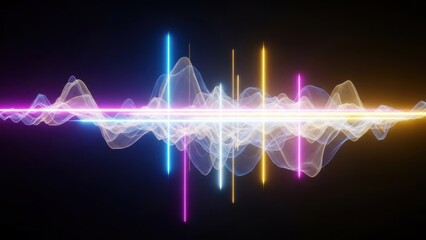 Vibrant multicolored light waves and sound spectrum visualization on dark background