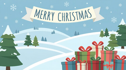 christmas greeting card with text "MERRY CHRISTMAS"  on it on the left there are presents and on the background there are hills with christmas trees