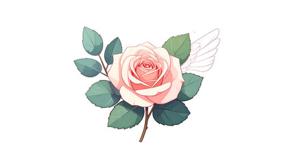 Pink rose with green leaves, a branch, and wing-like elements on a black background