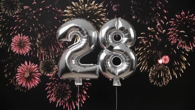 Silver balloon number 28 with fireworks in the background. Festive scene for birthday or anniversary party