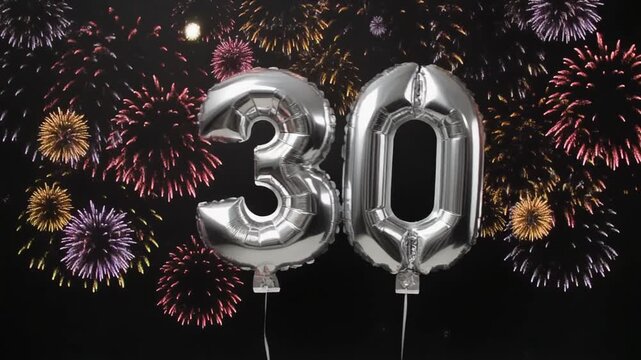 Silver balloon number 30 with fireworks in the background. Festive scene for birthday or anniversary party