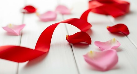 Vibrant red satin ribbon elegantly winds across a white wooden surface scattered with delicate pink and red rose petals for romance and celebration.