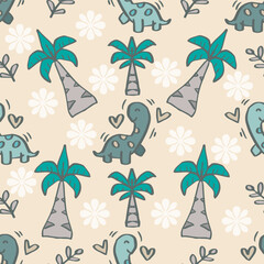 Seamless pattern with cute dinosaurs and flowers. Vector illustration.