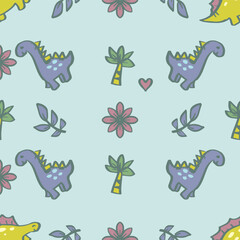 Seamless pattern with cute dinosaurs and flowers. Vector illustration.