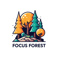 Stylized Forest Illustration with Trees and Sun.