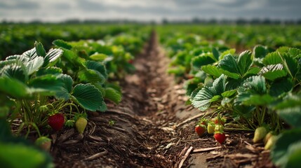 Lush strawberry plants in expansive farm field under overcast sky.