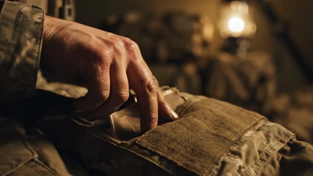 Soldier hand touching canvas in dark tent reflective moment