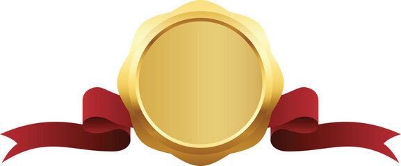Golden Medal with Red Ribbon on Transparent Background.