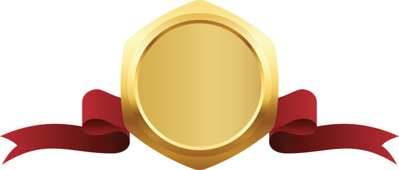 Gold Hexagon Badge with Red Ribbon Illustration on Transparent Background.
