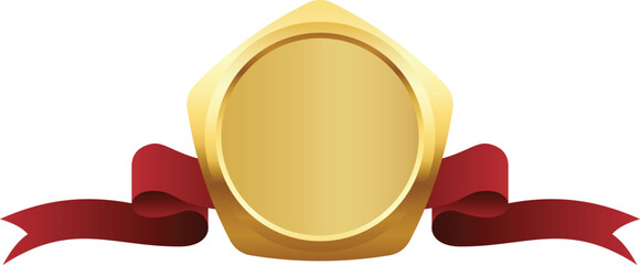 Gold Pentagon Badge with Red Ribbon Illustration on Transparent Background.
