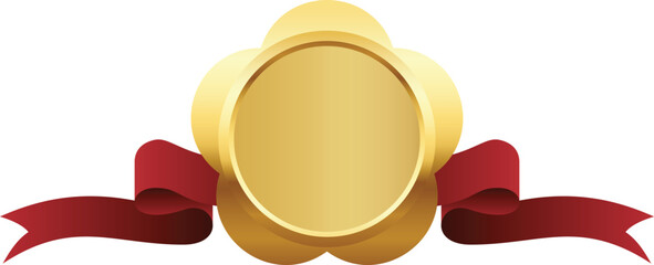 Golden Flower Emblem with Red Ribbon Illustration on Transparent Background.