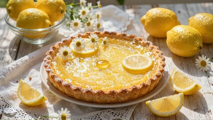 Lemon pie with fresh lemon slices and daisies on wooden table