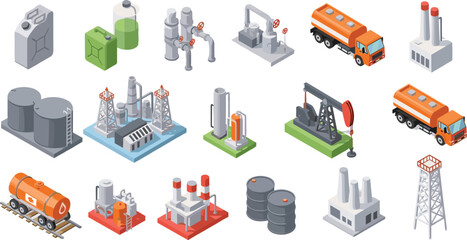 Isometric oil and gas industry icons set with refinery factory, fuel tanker truck, storage tanks, pipes, and energy production equipment. © prof.design