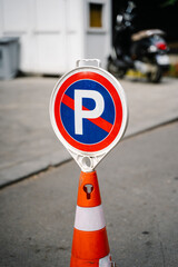 No Parking Road Sign on Orange Traffic Cone