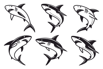 Six illustrations of sharks in various poses isolated on white background, Vector