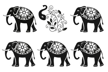 Intricate black and white elephant silhouettes isolated on white background, Vector