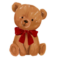teddy bear with red ribbon gift painting, texture, crayon isolated vintage hand drawn on transparent background.