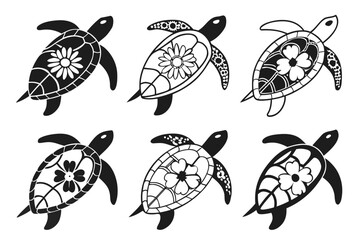 Floral turtle illustrations isolated on white background, Vector