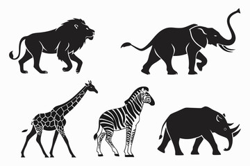 Silhouettes of african wildlife isolated on white background, Vector