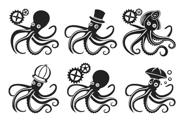 Whimsical octopuses in steampunk hats isolated on white background, Vector