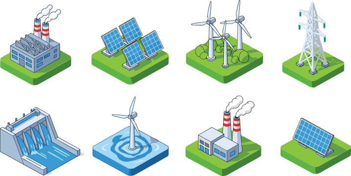 Isometric renewable energy icons set with solar panels, wind turbines, hydroelectric dam, power factory, electrical tower, and sustainable green technology.