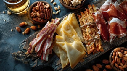 Rustic charcuterie board with cheese, cured meats, nuts, and crackers on wooden platter.