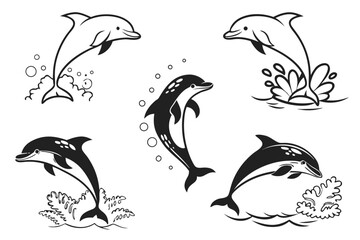 Five dolphins in playful leaps isolated on white background, Vector