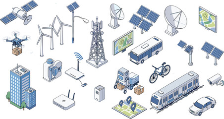 Isometric smart city technology icons set with solar panels, wind turbines, satellite, 5G tower, electric bus, drone, and green energy. © prof.design