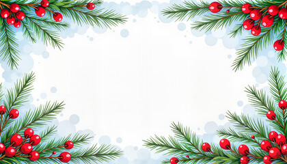festive pine branches with red berries framing a winter-themed background for holiday greeting cards and seasonal decorations, with copy space