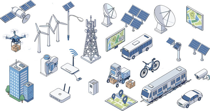 Isometric smart city technology icons set with solar panels, wind turbines, satellite, 5G tower, electric bus, drone, and green energy.