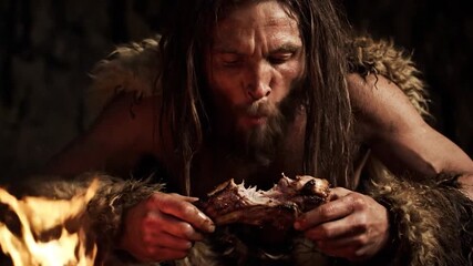 Caveman devours cooked meat near fire, showing raw survival and primal instinct