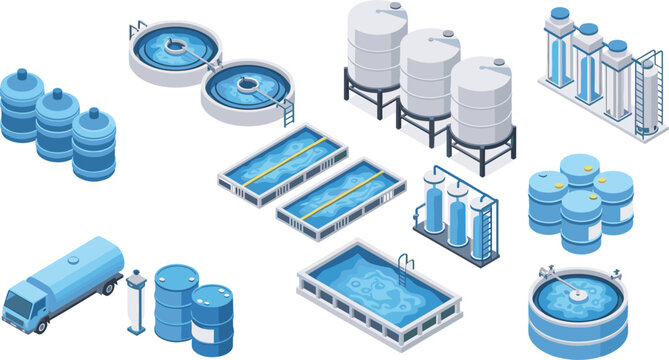 Isometric water treatment industry icons set with purification tanks, filtration systems, storage barrels, utility truck, swimming pool, and processing equipment.