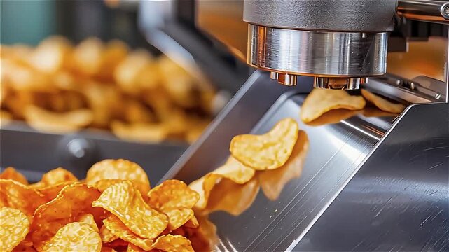 Crunchy golden crispy snack chips produced by stainless steel food processing machine in factory with industrial production and conveyor belt system