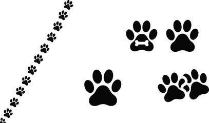Set of black animal paw prints and trail with bone icon, dog and cat foot tracks for pet shop branding, and canine vector illustration