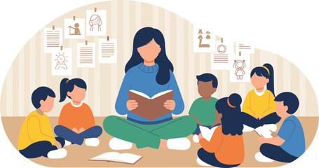 Teacher Reading Book to Diverse Group of Children Sitting on Floor in Classroom, Kindergarten Storytelling Session, Early Childhood Education, and Literacy.