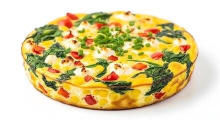 Vibrant spinach and tomato frittata isolated on white background