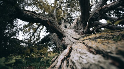 Majestic ancient tree with sprawling branches and textured bark in forest setting.