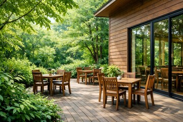 Obraz premium 緑に囲まれた木造カフェのテラス席で自然と静けさを感じながら過ごす屋外リラックス空間